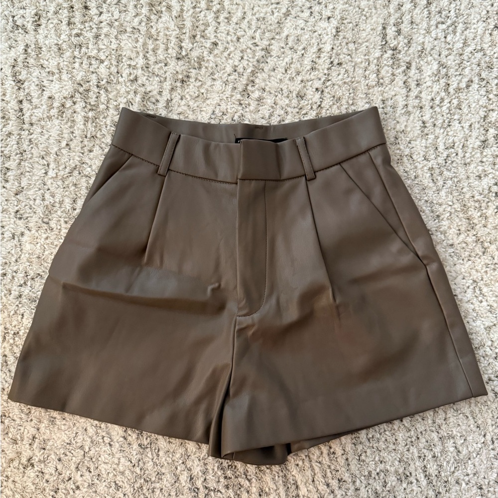 Zara Army Green Leather Shorts